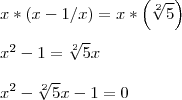 \\
x*(x-1/x)=x*\left(\sqrt[2]{5} \right)\\
\\
x^2-1=\sqrt[2]{5}x\\
\\
x^2-\sqrt[2]{5}x-1=0\\
\\