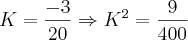 K = \frac{-3}{20} \Rightarrow K^2 = \frac{9}{400}