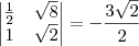 \begin{vmatrix}
\frac12 & \sqrt{8} \\ 
1 & \sqrt{2} 
\end{vmatrix}
=
- \frac{3\sqrt{2}}{2}