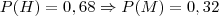 P(H) = 0,68 \Rightarrow P(M) = 0,32