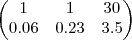 \begin{pmatrix}
1 & 1 & 30 \\
0.06 & 0.23& 3.5
\end{pmatrix} \begin{pmatrix}
1 & 1 & 30 \\
0.06 & 0.23& 3.5
\end{pmatrix}