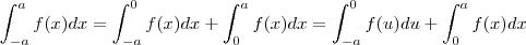 \int_{-a}^{a} f(x)dx =\int_{-a}^{0} f(x)dx + \int_{0}^a f(x)dx = \int_{-a}^{0} f(u)du + \int_{0}^a f(x)dx \int_{-a}^{a} f(x)dx =\int_{-a}^{0} f(x)dx + \int_{0}^a f(x)dx = \int_{-a}^{0} f(u)du + \int_{0}^a f(x)dx