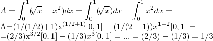 A=\int_{0}^{1}(\sqrt[]{x}-{x}^{2})dx=\int_{0}^{1}(\sqrt[]{x})dx-\int_{0}^{1}{x}^{2}dx=


A=(1/(1/2)+1){x}^{(1/2+1)}[0,1]-(1/(2+1)){x}^{1+2}[0,1]=


=(2/3){x}^{3/2}[0,1]-(1/3){x}^{3}[0,1]=...=(2/3)-(1/3)=1/3