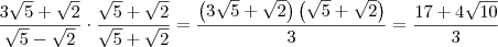 \frac{3\sqrt{5}+\sqrt{2}}{\sqrt{5}-\sqrt{2}} \cdot \frac{\sqrt{5}+\sqrt{2}}{\sqrt{5}+\sqrt{2}} = \frac{\left(3\sqrt{5}+\sqrt{2}\right)\left(\sqrt{5}+\sqrt{2}\right)}{3}=\frac{17 + 4\sqrt{10}}{3} \frac{3\sqrt{5}+\sqrt{2}}{\sqrt{5}-\sqrt{2}} \cdot \frac{\sqrt{5}+\sqrt{2}}{\sqrt{5}+\sqrt{2}} = \frac{\left(3\sqrt{5}+\sqrt{2}\right)\left(\sqrt{5}+\sqrt{2}\right)}{3}=\frac{17 + 4\sqrt{10}}{3}