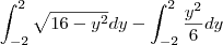 \int_{-2}^{2}\sqrt{16-y^2}dy-\int_{-2}^{2}\frac{y^2}{6}dy