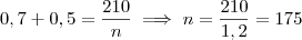 0,7 + 0,5 = \frac{210}{n} \implies n = \frac{210}{1,2} = 175