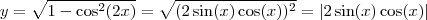 y = \sqrt{1 - \cos^2(2x)} = \sqrt{(2 \sin(x) \cos(x) )^2} = \left | 2 \sin(x) \cos(x) \right | y = \sqrt{1 - \cos^2(2x)} = \sqrt{(2 \sin(x) \cos(x) )^2} = \left | 2 \sin(x) \cos(x) \right |