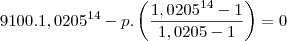 9100.1,0205^{14}-p.\left(\frac{1,0205^{14}-1}{1,0205-1}\right)&=&0