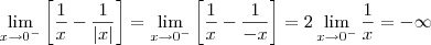 \lim_{x\rightarrow 0^-} \left[ \frac{1}{x} -\frac{1}{|x|} \right] = \lim_{x\rightarrow 0^-} \left[ \frac{1}{x} -\frac{1}{-x}\right] = 2\lim_{x\rightarrow 0^-} \frac{1}{x} = -\infty