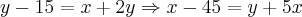 y-15=x+2y \Rightarrow x-45=y+5x y-15=x+2y \Rightarrow x-45=y+5x