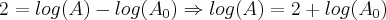 2=log(A)-log({A}_{0})\Rightarrow log(A)=2+log({A}_{0}) 2=log(A)-log({A}_{0})\Rightarrow log(A)=2+log({A}_{0})