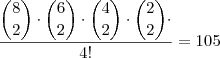 \dfrac{\dbinom{8}{2}\cdot\dbinom{6}{2}\cdot\dbinom{4}{2}\cdot\dbinom{2}{2}\cdot}{4!}=105