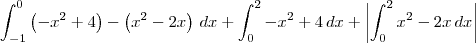 \int_{-1}^0 \left(-x^2+4\right) - \left(x^2 - 2x\right)\, dx + \int_0^2 -x^2+4\, dx + \left|\int_0^2 x^2 - 2x\, dx\right|