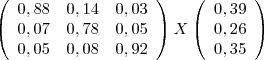 \left(
  \begin{array}{ccc}
    0,88  & 0,14 & 0,03 \\
    0,07  & 0,78 & 0,05 \\
    0,05  & 0,08 & 0,92 \\
  \end{array}
\right)X
\left(
  \begin{array}{c}
    0,39 \\
    0,26 \\
    0,35 \\
  \end{array}
\right)