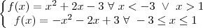 \\
\left\{\begin{matrix}
f(x)=x^2+2x-3\ \forall\ x<-3\ \vee\ x>1 \\ 
f(x)=-x^2-2x+3\ \forall\ -3\leq x\leq 1
\end{matrix}\right