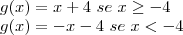 \\
g(x) = x+4\ se\ x\geq -4\\
g(x) = -x-4\ se\ x<-4 \\
g(x) = x+4\ se\ x\geq -4\\
g(x) = -x-4\ se\ x<-4