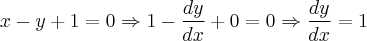 x - y + 1 = 0 \Rightarrow 1 - \frac{dy}{dx} + 0 = 0  \Rightarrow \frac{dy}{dx} = 1