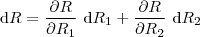 \mathrm{d} R = \frac{\partial R}{\partial R_1} \ \mathrm{d} R_1 + \frac{\partial R}{\partial R_2} \ \mathrm{d} R_2