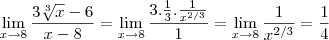 \lim_{x \to 8} \frac{3 \sqrt[3]{x}-6}{x-8}=\lim_{x \to 8}\frac{3.\frac{1}{3}.\frac{1}{x^{2/3}}}{1}=\lim_{x \to 8} \frac{1}{x^{2/3}}=\frac{1}{4}