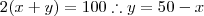 2(x+y)=100\therefore y=50-x