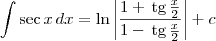 \int \sec x \, dx = \ln\left|\frac{1 + \,\textrm{tg}\,\frac{x}{2}}{1 - \,\textrm{tg}\,\frac{x}{2}}\right| + c