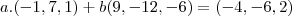 a.(-1,7,1)+b(9,-12,-6)=(-4,-6,2) a.(-1,7,1)+b(9,-12,-6)=(-4,-6,2)
