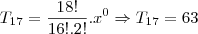 {T}_{17}=\frac{18!}{16!.2!}.{x}^{0}\Rightarrow {T}_{17}=63 {T}_{17}=\frac{18!}{16!.2!}.{x}^{0}\Rightarrow {T}_{17}=63
