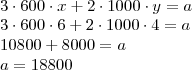 \\
3\cdot 600\cdot x + 2 \cdot 1000\cdot y = a\\
3\cdot 600\cdot 6 + 2\cdot 1000\cdot 4 = a\\
10800+8000=a\\
a=18800