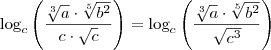 \log_c \left( \frac{\sqrt[3]{a} \cdot \sqrt[5]{b^2}}{c \cdot \sqrt{c}} \right) = \log_c \left( \frac{\sqrt[3]{a} \cdot \sqrt[5]{b^2}}{\sqrt{c^3}} \right)
