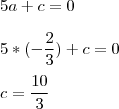 \\
5a+c=0\\
\\
5*(-\frac{2}{3})+c=0\\
\\
c = \frac{10}{3}\\
\\