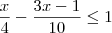 \frac{x}{4}-\frac{3x-1}{10} \leq 1