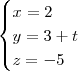 \begin{cases}
x = 2 \\
y = 3 + t \\
z = -5 
\end{cases}