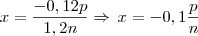 x = \frac{- 0,12p}{1,2n} \Rightarrow \, x = - 0,1 \frac{p}{n}