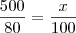 \frac{500}{80}=\frac{x}{100}