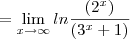 =\lim_{x\to\infty}ln\frac{(2^x)}{(3^x+1)}