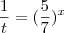 \frac{1}{t}=(\frac{5}{7})^x