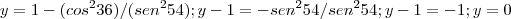 y= 1-(cos^236)/(sen^254) ;
y-1=-sen^254 / sen^254 ; y-1=-1 ; y=0 y= 1-(cos^236)/(sen^254) ;
y-1=-sen^254 / sen^254 ; y-1=-1 ; y=0