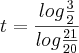 t = \frac{log \frac{3}{2}}{log \frac{21}{20}}