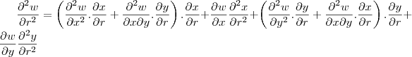 \frac{\partial^2 w}{\partial r^2}=\left(\frac{\partial^2 w}{\partial x^2}.\frac{\partial x}{\partial r}+\frac{\partial^2 w}{\partial x\partial y}.\frac{\partial y}{\partial r}\right).\frac{\partial x}{\partial r}+\frac{\partial w}{\partial x}\frac{\partial^2 x}{\partial r^2}+
\left(\frac{\partial^2 w}{\partial y^2}.\frac{\partial y}{\partial r}+\frac{\partial^2 w}{\partial x\partial y}.\frac{\partial x}{\partial r}\right).\frac{\partial y}{\partial r}+\frac{\partial w}{\partial y}\frac{\partial^2 y}{\partial r^2}