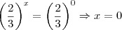\left(\dfrac{2}{3}\right)^x=\left(\dfrac{2}{3}\right)^0\Rightarrow x=0
