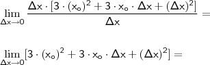 \\ \mathsf{\lim_{\Delta x \to 0} \frac{\Delta x \cdot [3 \cdot (x_o)^2 + 3 \cdot x_o \cdot \Delta x + (\Delta x)^2]}{\Delta x} =} \\\\\\ \mathsf{\lim_{\Delta x \to 0} [3 \cdot (x_o)^2 + 3 \cdot x_o \cdot \Delta x + (\Delta x)^2] =}