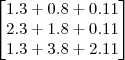 \begin{bmatrix} 1.3+0.8+0.11 \\ 2.3+1.8+0.11\\ 1.3+3.8+2.11 \end{bmatrix} \begin{bmatrix} 1.3+0.8+0.11 \\ 2.3+1.8+0.11\\ 1.3+3.8+2.11 \end{bmatrix}