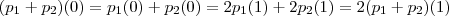 (p_1 + p_2)(0) = p_1(0) + p_2(0) = 2p_1(1) + 2p_2(1) = 2(p_1 + p_2)(1)