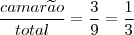 \\ \frac{camar\widetilde{a}o}{total} = \frac{3}{9} = \frac{1}{3} \\ \frac{camar\widetilde{a}o}{total} = \frac{3}{9} = \frac{1}{3}