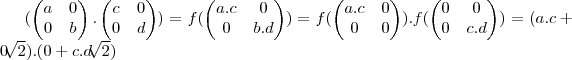 (\begin{pmatrix}
   a & 0  \\ 
   0 & b 
\end{pmatrix}
.\begin{pmatrix}
   c & 0  \\ 
   0 & d 
\end{pmatrix})=f(\begin{pmatrix}
   a.c & 0  \\ 
   0 & b.d 
\end{pmatrix})=
f(\begin{pmatrix}
   a.c & 0  \\ 
   0 & 0 
\end{pmatrix}).f(\begin{pmatrix}
   0 & 0 \\ 
   0 & c.d 
\end{pmatrix})=
(a.c+0\sqrt[]{2}).(0+c.d\sqrt[]{2})