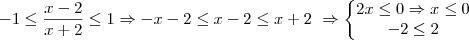 -1 \leq \frac{x-2}{x+2} \leq 1 \Rightarrow -x-2\leq x-2\leq x+2\left\ \Rightarrow \left\{\begin{matrix}
2x\leq 0 \Rightarrow x\leq 0\\ 
-2\leq 2
\end{matrix}\right.