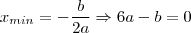 x_{min} = - \frac{b}{2a} \Rightarrow 6a - b = 0 x_{min} = - \frac{b}{2a} \Rightarrow 6a - b = 0