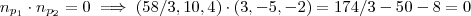 n_{p_1} \cdot n_{p_2} = 0 \implies (58/3,10,4) \cdot (3,-5,-2) = 174/3 - 50 -8 = 0 n_{p_1} \cdot n_{p_2} = 0 \implies (58/3,10,4) \cdot (3,-5,-2) = 174/3 - 50 -8 = 0