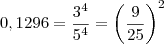 0,1296 = \frac{3^4}{5^4} = \left( \frac{9}{25} \right)^2 0,1296 = \frac{3^4}{5^4} = \left( \frac{9}{25} \right)^2