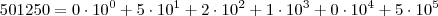 501250 = 0\cdot10^0 + 5\cdot10^1 + 2\cdot10^2 + 1\cdot10^3 + 0\cdot10^4 + 5\cdot10^5